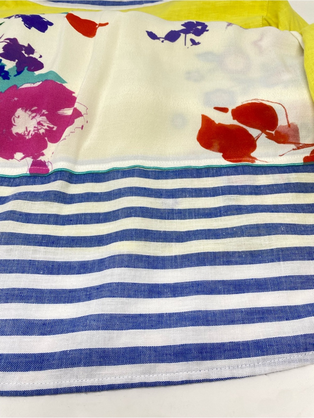 John Mark Blouse Top Linen Yellow Embroidered Mixed Media with Blue Striped Hem - Picture 11 of 13